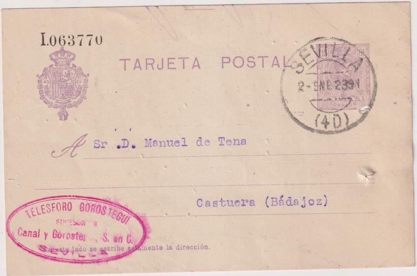 Tarjeta enero postal nº 50. De Sevilla a Castuera del 2. Ene. 1923