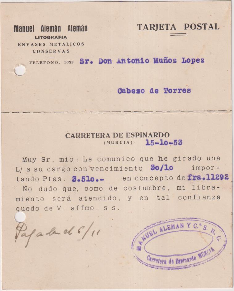 Tarjeta Postal con membrete de Carretera de Espinardo a Cabezo de Torres del 15 Oct. 1953