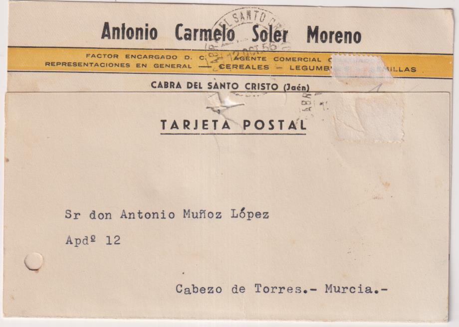Tarjeta Postal con membrete de Cabra del Santo Cristo a Cabezo de Torres, del 12 Oct. de 1956