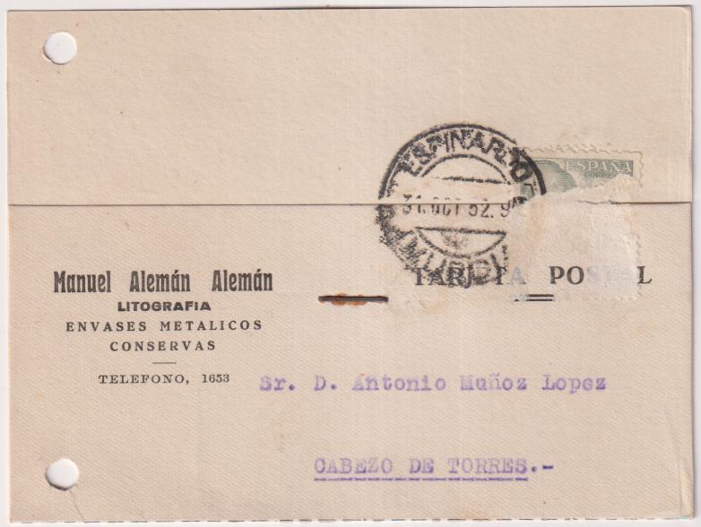 Tarjeta Postal con membrete de Espinardo a Cabezo de Torres, del 31 Oct. de 1952