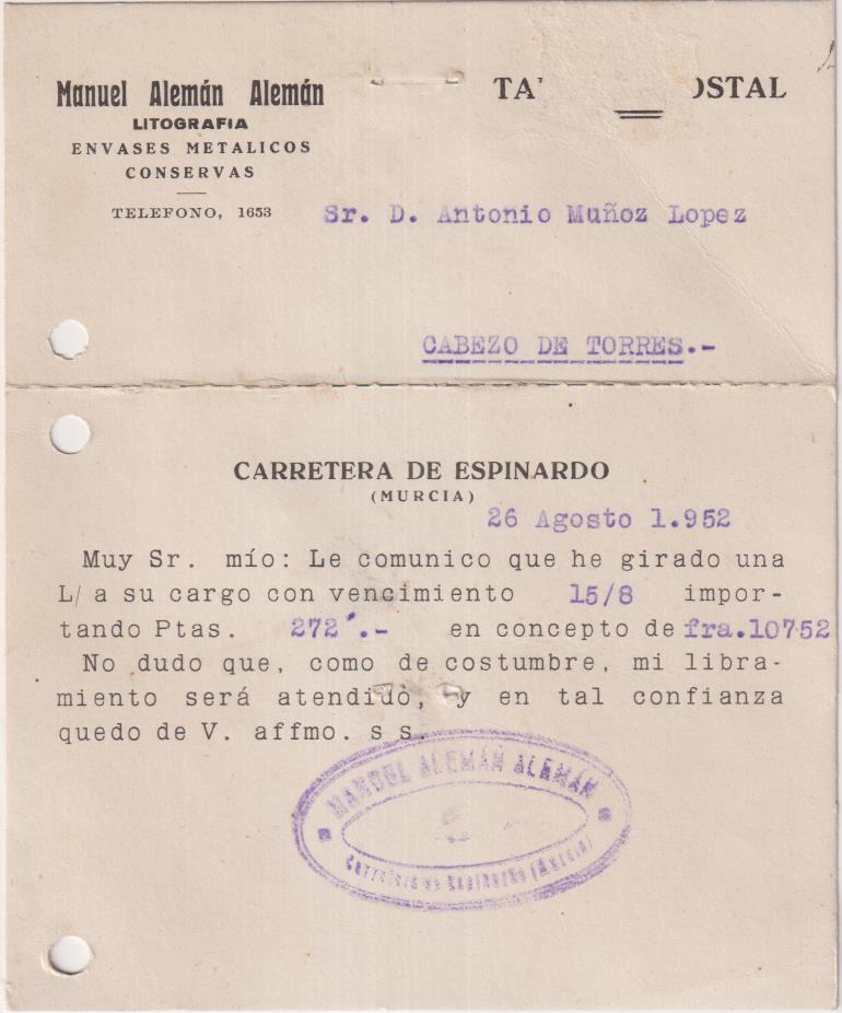 Tarjeta Postal con membrete de Carretera de Espinardo a Cabezo de Torres del 26 Agos. 1952