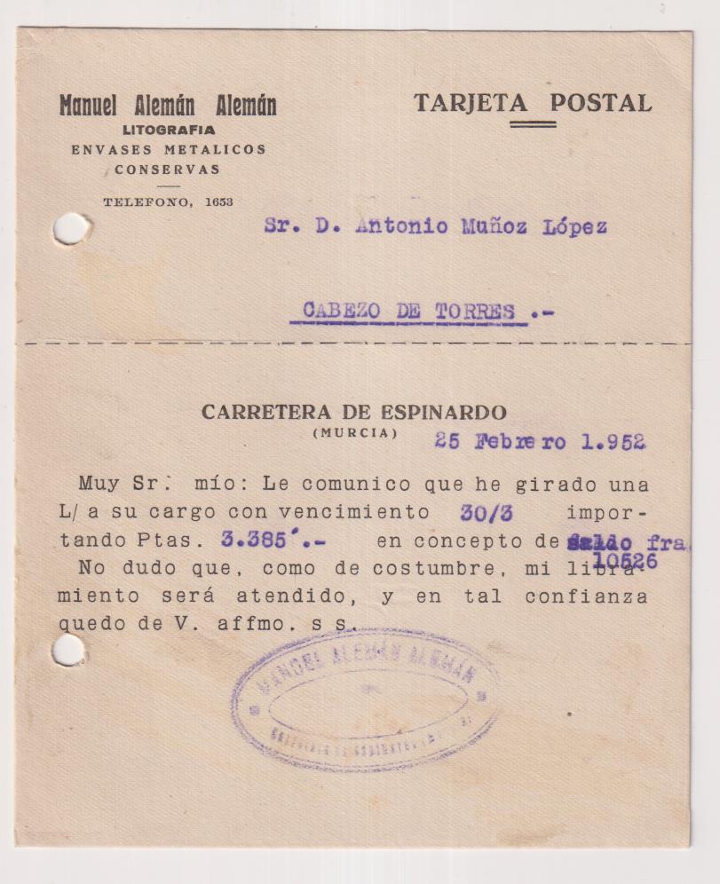 Tarjeta Postal con membrete de Carretera de Espinardo a Cabezo de Torres del 25 Febr. 1952