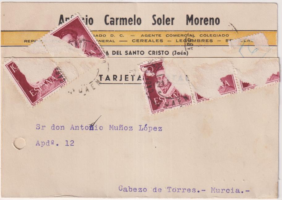 Tarjeta Postal con membrete de Cabra del Santo Cristo a Cabezo de Torres del 20-4-1956
