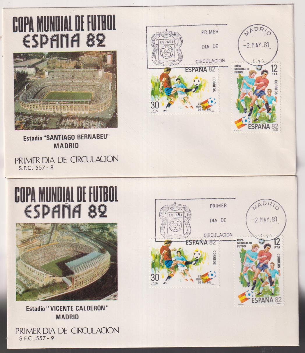 2 Sobres Primer Día. Copa Mundial de Futbol España 82. Estadio Bernabéu y Calderón