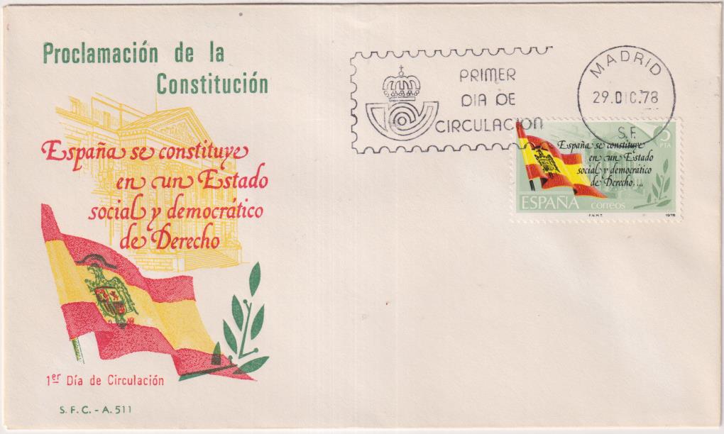 Sobre Primer Día. Proclamación de la Constitución. Madrid 1978