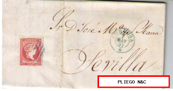 Carta de Córdoba a Sevilla. Franqueada con nº 48, matasellado con parrilla azul y s/pliego fechador tipo I en azul