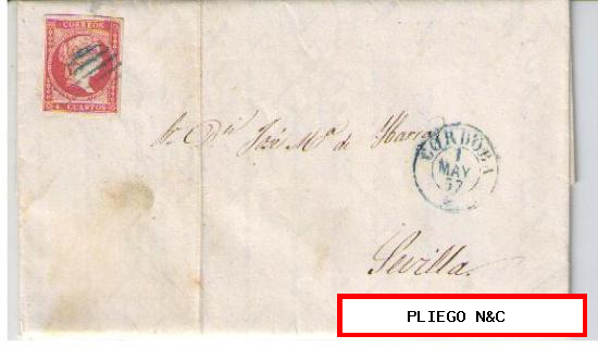 Carta de Córdoba a Sevilla. Franqueada con nº 48, matasellado con parrilla azul y s/pliego fechador tipo azul