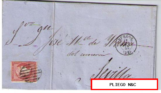 Carta de Burgos a Sevilla. Franqueada con nº 48, matasellado con parrilla negra y s/pliego fechador tipo II negro