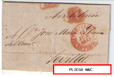 Carta. D.P. 13 EXTREMADURA BAJA. Junio 1849. De Trujillo a Sevilla. Fechador Baeza (5R)