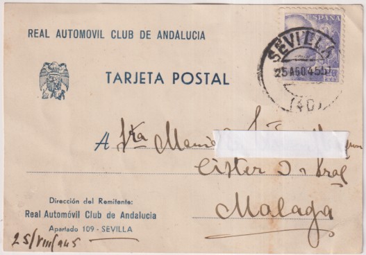 Tarjeta Postal del Real Automovil Club de Andalucia. De Sevilla a Málaga del 25 Ago. 1945