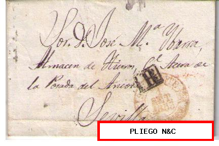 Carta. D.P. 13. EXTREM. B. SET. 1853. De San Vicente de Alcántara a Sevilla. Fechador Baeza (3 R) marca de porteo