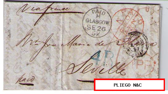 Carta. SE. 1857. De Glasgow a Sevilla. Fechadores ingleses y marca pp. dentro de círculo, porteo (4R) en verde
