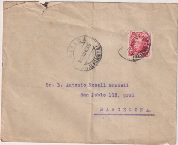 Sobre de Novelda a Barcelona del 20 Nov. 1935. Con Edífil 686