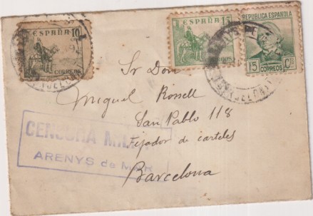 Pequeño sobre de Arenys de Mar a Barcelona.  de Nov. 1939. Con Censura Militar de de Arenys de mar