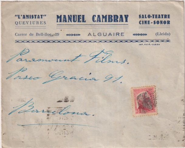 Sobre Con Membrete Saló-Teatre, Cine-Sonor,  Alguaire (lleida) a Paramount Films. Barcelona del 1 Jun. 1935.