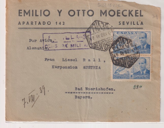 Frontal de carta con Membrete Emilio y Otto Moeckel de Sevilla a Bayern. Por avión. FEchador Correo Aéreo 3 Ago.1939. Con Tampon Sevilla-2. Censura mI