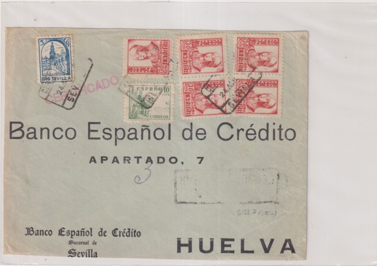 Frontal de Carta con Membrete, B. E. de Crédito. Sevilla a B. E. de Credito. Huelva. Franqueado y fechado el 24 Abr. 1937. Con Censura de Sevilla