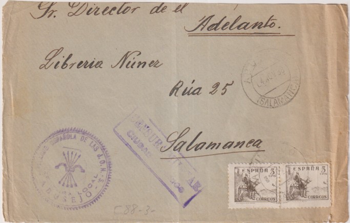 Frontal de Carta del Saucejo (Sevilla ) a SAlamanca del 4 Nov. 1938. Con tampón F.E.T. de las J.O.N.S. y Censura militar de Ciudad Rodrigo