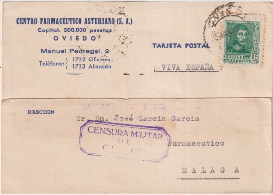 Tarjeta Posta con Membrete Centro Farmacéutico Asturiano. de Oviedo a Málaga del 24 Ago. 1938. Con Censura Militar de oviedo