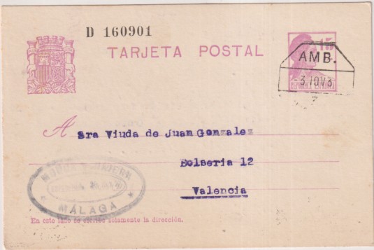Tarjeta Entero Postal 69 de 1932. de madrid a Málaga del 3 Nov. 1932. Fechador A.M.B.