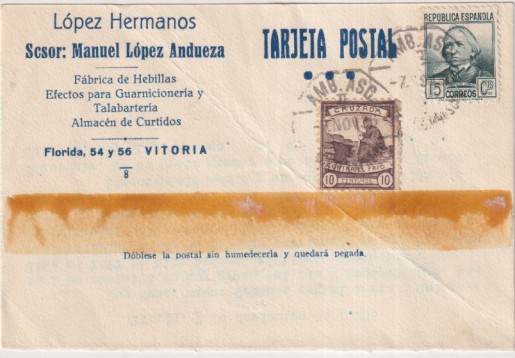 Tarjeta con membrete López hermanos Fábrica de Hebillas Vitoria del 7 Nov. 1936. Con franqueo de la República Edifil 681 y