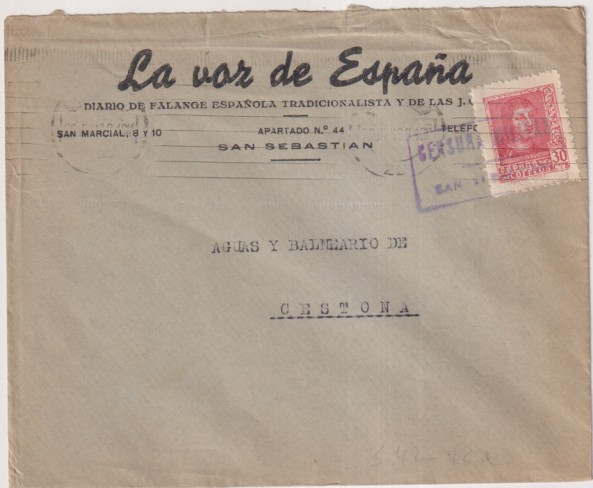 Sobre con Membrete. La Voz de España. Diario de F.E.T. y las J.O.N.S. San Sebastián a Balneario Cestona . Franqueo 22 Jun 1938. Censura Mi. San Sebas