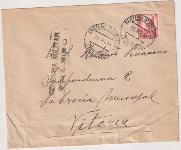 Carta de Toledo. Librería Universal a Vitoria Franqueado y Fechado el 30-Sep. 1938. Con Censura Militar de toledo
