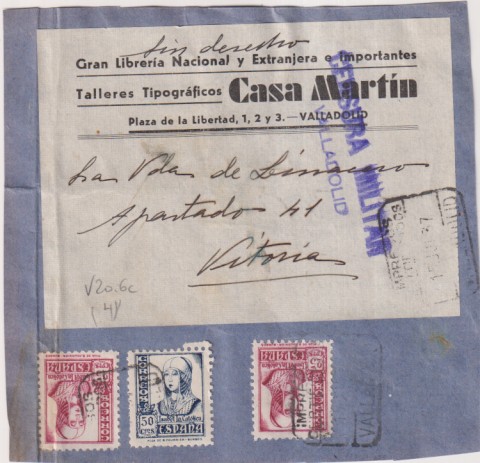 Talleres Tipográficos Casa martín, Valladolid. Frontal de Carta con Membrete. a Vitoria. Franqueado y Fechado 15 Jul. 1937. Con Censura M. Valladolid