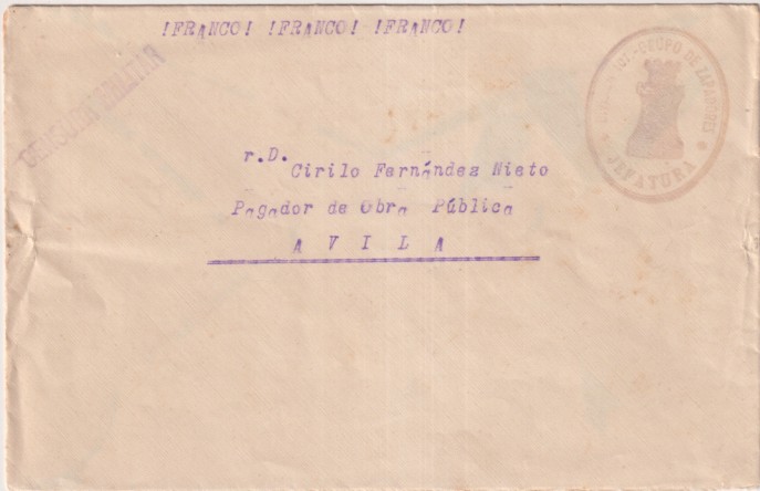 Carta de Torrijo (toledo) Sargento de Ingenieros a Ávila. D. Cirilo Fernández, Pagador de O. Públicas. Con Tampón-Sello. Div. 107 de Zapadores. Jefa-