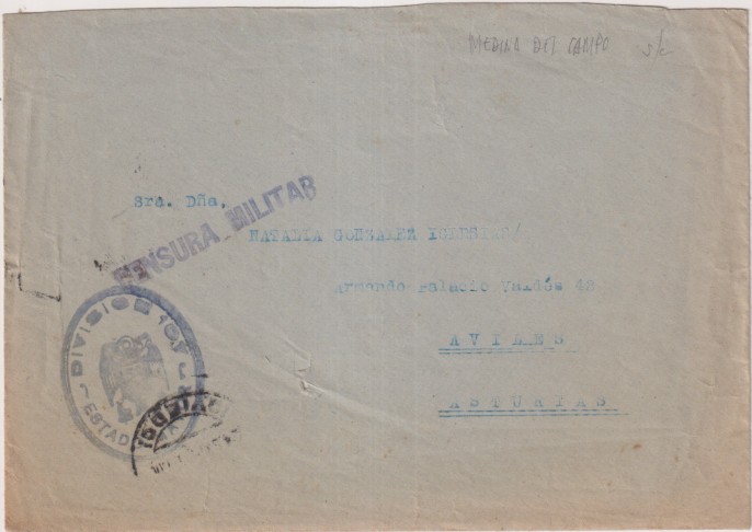 Carta de medina del Campo a Aviles. del 23-Sep.-1939 Con 2 Tampones de Estado Mayor: Divi. 107. en Medina y División 107. 2ª Agrupación. Con Censura -