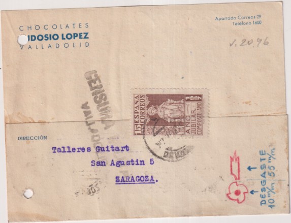 Chocolate Eudosio López. Carta con Membrete de Valladolid a Zaragoza Franqueado con Edifil 833. el 17-Sep. 1937. Con Censura militar de Valladolid