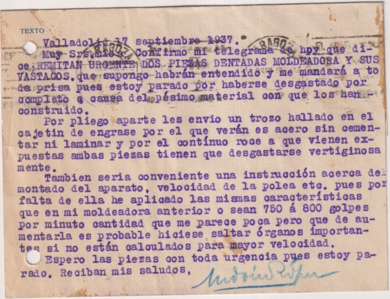 Chocolate Eudosio López. Carta con Membrete de Valladolid a Zaragoza Franqueado con Edifil 833. el 17-Sep. 1937. Con Censura militar de Valladolid