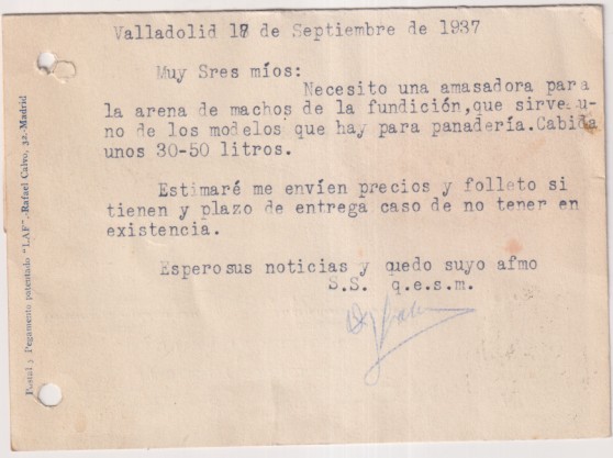 Elesio Gatón. Fundición y Construcción de maquinarias.  Valladolid. Carta con Membrete. Franq. y Fechada el 18-Sep.- 1937. Con Censura de Valladolid-