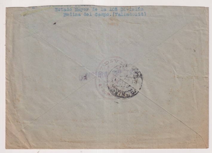 Carta de medina del Campo a Aviles. del 23-Sep.-1939 Con 2 Tampones de Estado Mayor: Divi. 107. en Medina y División 107. 2ª Agrupación. Con Censura -