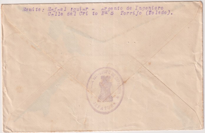 Carta de Torrijo (toledo) Sargento de Ingenieros a Ávila. D. Cirilo Fernández, Pagador de O. Públicas. Con Tampón-Sello. Div. 107 de Zapadores. Jefa-