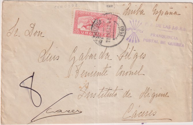 Carta Con Membrete, Hotel Simón, Córdoba a L.G.S. Teniente Coronel, Instit. Higiene. Cáceres. Con Edifil 679B+ Franquicia P. de G. de F.E. y J.O.N.S.-