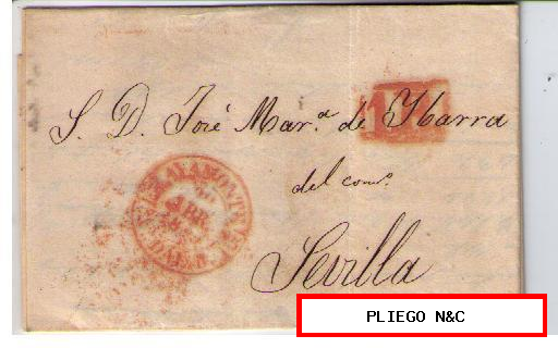 Carta. D.P. 25. ANDAL. B. ABR. 1849. De Ayamonte a Sevilla. Fechador Baeza (2 R) de Ayamonte marca de porteo
