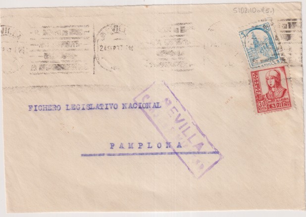 Frontal del CArta de Sevilla a Fichero Legislativo Nacional-pamplona del 24-Sep- 1937. Franqueado con Edifil 823 y Pro-Sevilla. Con Censura M. Sevilla