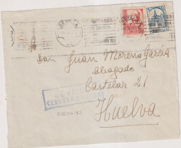 Frontal de CArta de Sevilla a Huelva. de 1937. Con Edifil 823 y pro-Sevilla de 5 C. Verde. Censura Militar de Sevilla