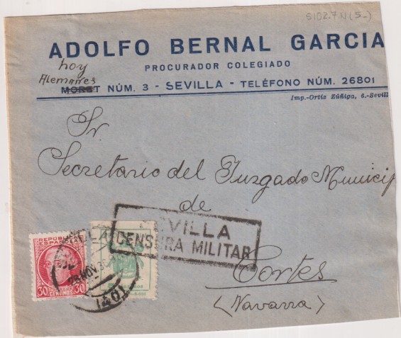 Frontal de Carta con Membrete A. Bernal, Procurador. Sevilla a Sr. Secretario del Juzgado M. de Cortes (Navarra) del 28-Nov-36. con Edifil 687 + Pro-