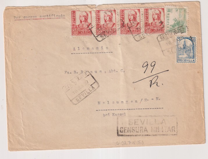 Carta de J. Dippel, Hotel Fabián, Sevilla a Fab. Braun, Abt. C. Melsungen (Alemania) del 16-Jun. 1937. Con Edifil 823, (el primero Dañado) y 814 + se-