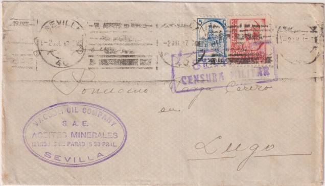 Carta con Membrete Vacuum Oil Company S.A.E. Sevilla. a Lugo del 2 Jul-1937. Franqueado con Edifil 823 y Sello pro-Sevilla. Con Censura M. de Sevilla