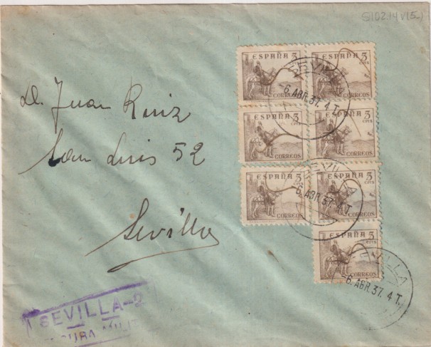 Carta de Sevilla - 2 a Sevilla (San Luis, 52). Del 6 Abr. 1937. Franqueado con Edifil 816A (7) Con Censura Militar de Sevilla 2