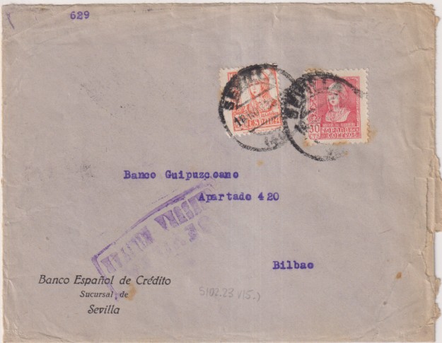 Carta Banco E. de C. de Sevilla A Banco Guipuzcoano, bilbao, del 16-Nov-38 co Edifil 857 y 857A + 5 Cts. pro-Sevilla y Tampón Rectangular: Sevilla/Cen