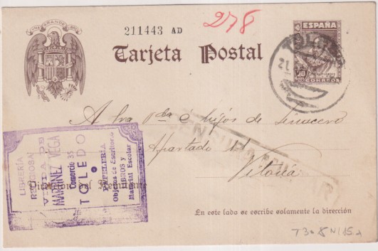 Tarjeta Entero Postal 83 de 1938-1940. de Toledo a Vitoria del 20.Sep-1939. con Censura Militar de Toledo