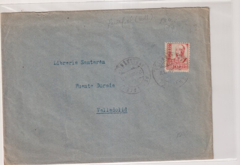 Carta de Peñafiel (Valladolid) a Fuente Dorada. Librería Santarén. Franqueado con Edifil 823A. del 2-Jul.-1937. Con Censura Militar de Peña Fil
