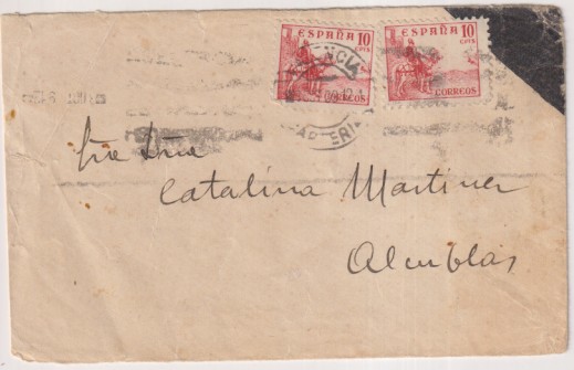 Carta de Valencia del cid a Alcublas Franqueado con Edifil 818 (2) del 3-Ene. 1939. con Tampón rectangular: Censura Militar/Peninsula/Valencia del Cid