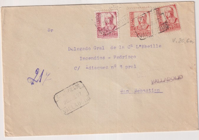 Carta con Membrete. Quintín Castaño. Valladolid a D. General de L´ Abeille, Incendios-Pedrisco. S, Sebastián.  Con Edifil 822A y 823 (2) y Censura Mi-