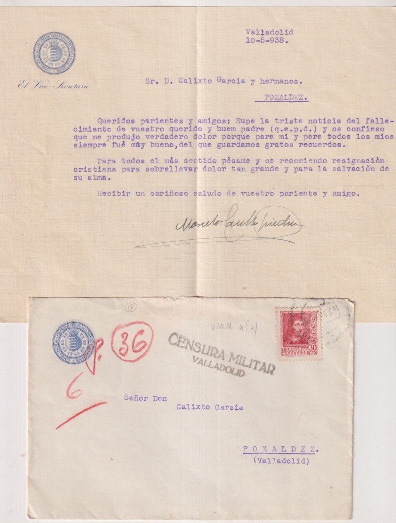 Carta de Valladolid (CamP.. oficial de la ProP. Urbana de la Provincia) Al Vicesecretario en Pozaldez. de 10-May. 1938. Con Censura Militar Valladolid