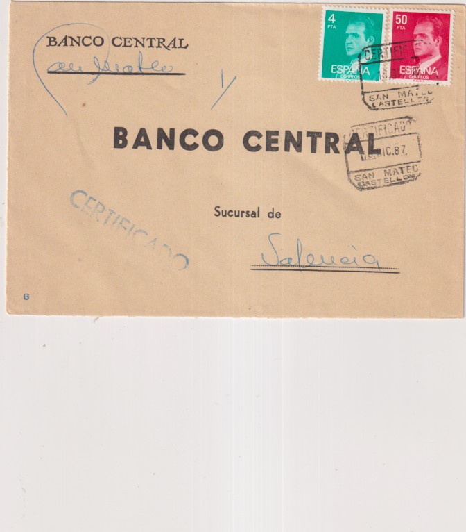 Carta con Membrete Certificada de San mateo (Castellón) a Valencia del 18 Dic. del 87